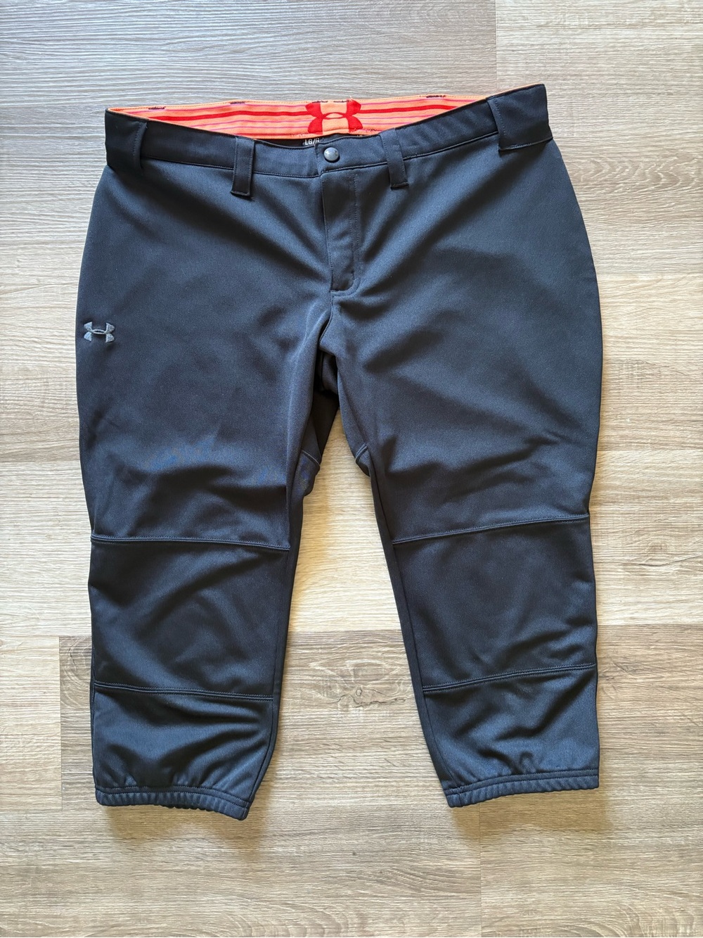 Under Armour Women's L Black Utility Softball Pants Fitted Knickers Orange Trim